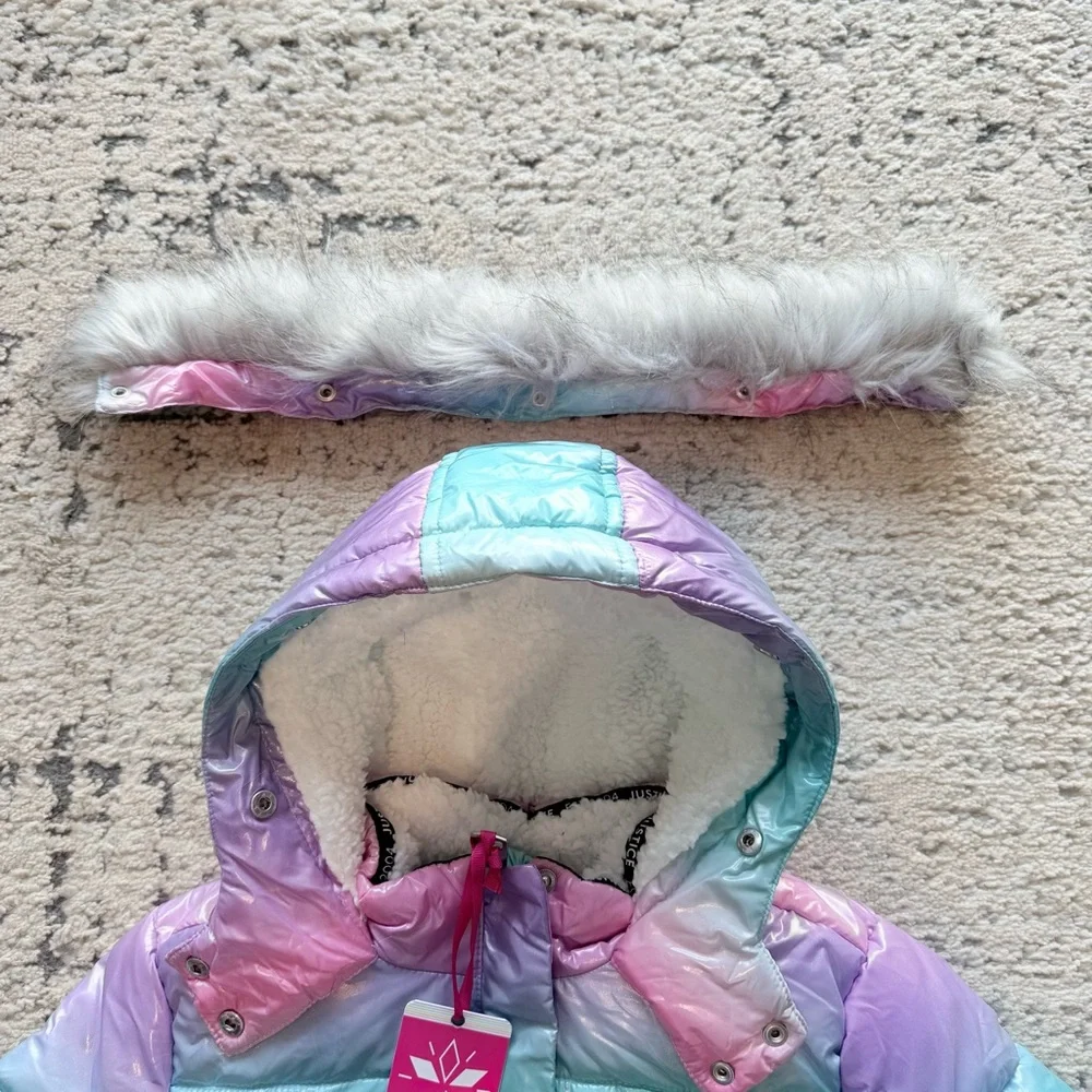 NWT-Girls Justice Sparkle Sherpa Classic Puffer Jacket Faux Fur Hood Sz 5/6 XS